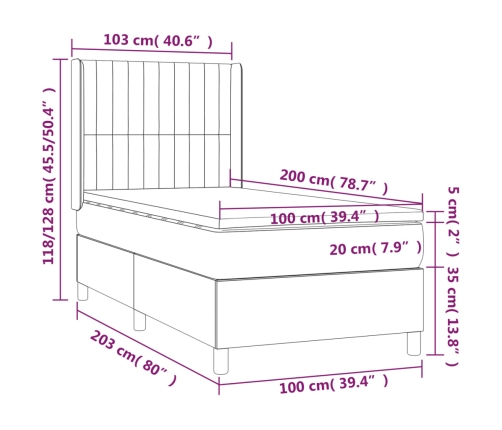 Cama box spring con colchón tela gris taupe 100x200 cm