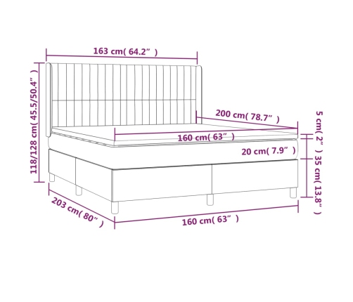 Cama box spring con colchón tela marrón oscuro 160x200 cm