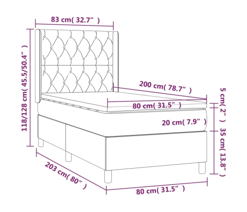 Cama box spring con colchón tela negro 80x200 cm
