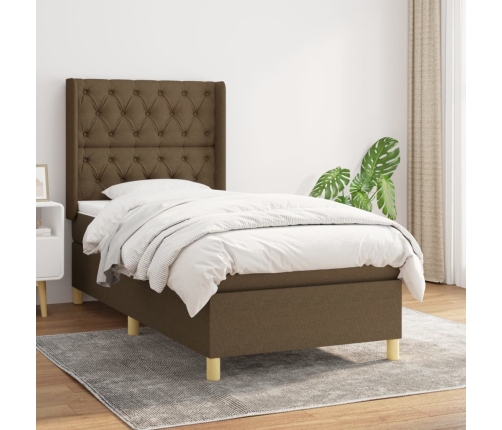 Cama box spring con colchón tela marrón oscuro 80x200 cm