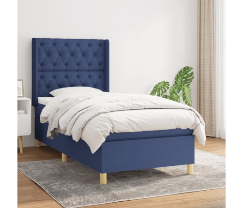 Cama box spring con colchón tela azul 80x200 cm