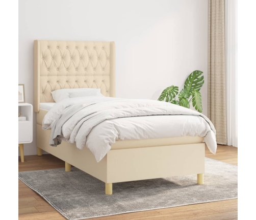 Cama box spring con colchón tela color crema 90x190 cm