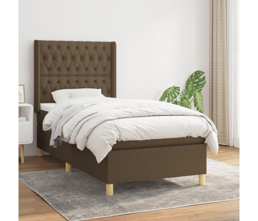 Cama box spring con colchón tela marrón oscuro 90x200 cm