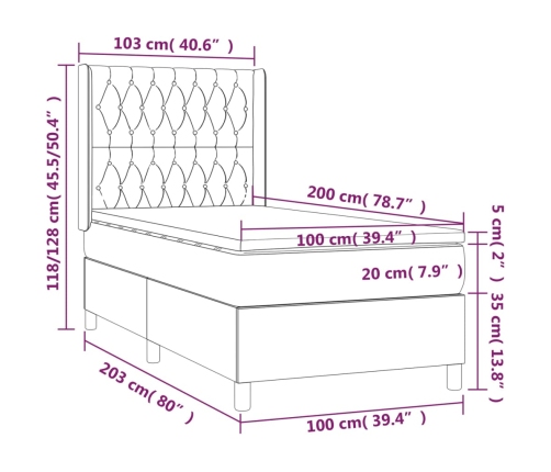 Cama box spring con colchón tela gris claro 100x200 cm