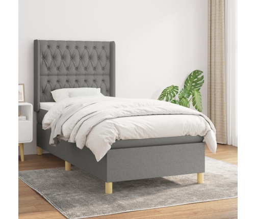 Cama box spring con colchón tela gris oscuro 100x200 cm