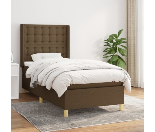 Cama box spring con colchón tela marrón oscuro 80x200 cm