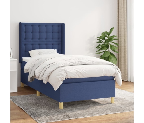 Cama box spring con colchón tela azul 90x190 cm