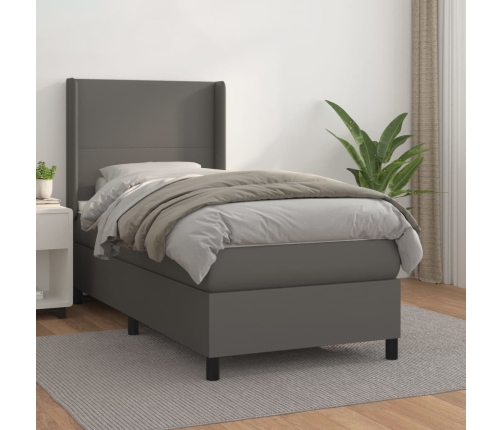 Cama box spring con colchón cuero sintético gris 80x200 cm