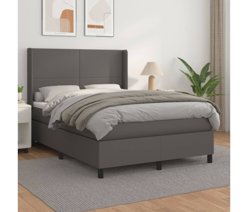 Cama box spring con colchón cuero sintético gris 140x200 cm