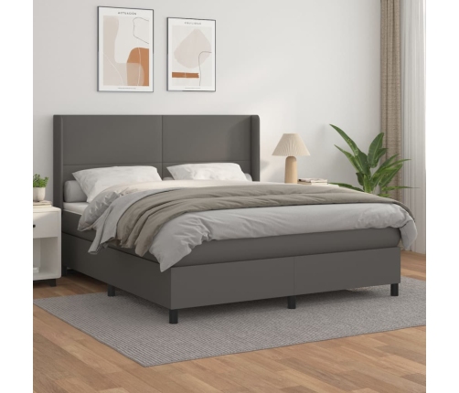 Cama box spring con colchón cuero sintético gris 160x200 cm