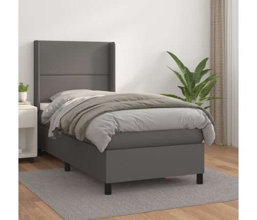 Cama box spring con colchón cuero sintético gris 100x200 cm