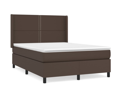 Cama box spring con colchón cuero sintético marrón 140x190 cm