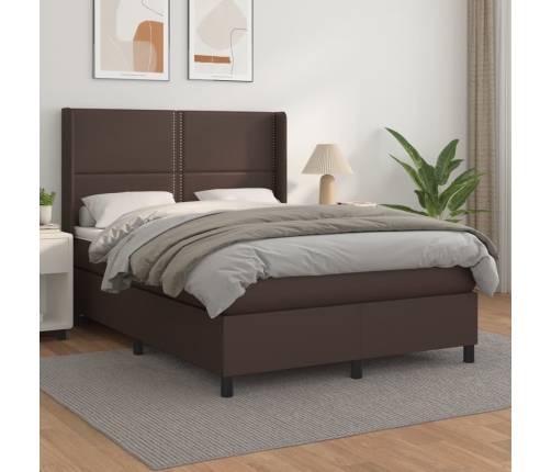 Cama box spring con colchón cuero sintético marrón 140x190 cm