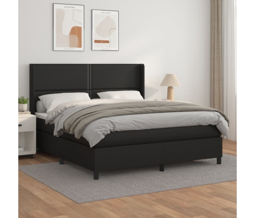 Cama box spring con colchón cuero sintético negro 160x200 cm