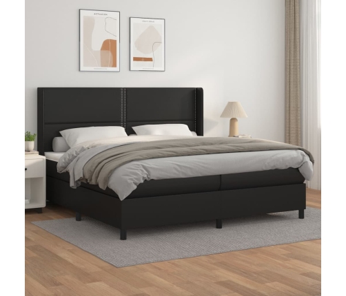 Cama box spring con colchón cuero sintético negro 200x200 cm