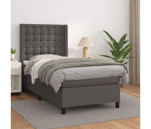 Cama box spring con colchón cuero sintético gris 80x200 cm