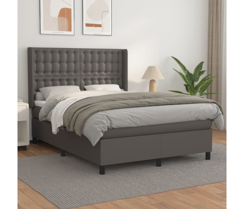 Cama box spring con colchón cuero sintético gris 140x190 cm