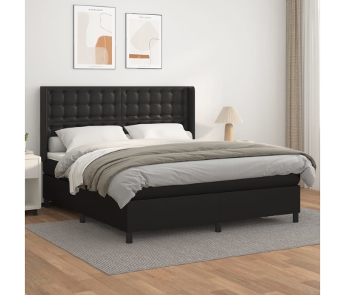 Cama box spring con colchón cuero sintético negro 160x200 cm