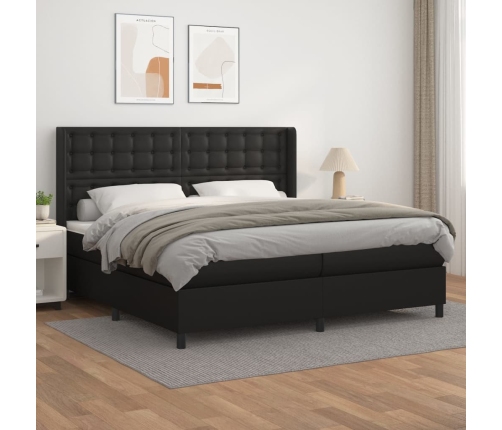 Cama box spring con colchón cuero sintético negro 200x200 cm