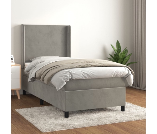 Cama box spring con colchón terciopelo gris claro 80x200 cm