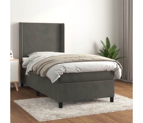 Cama box spring con colchón terciopelo gris oscuro 100x200 cm