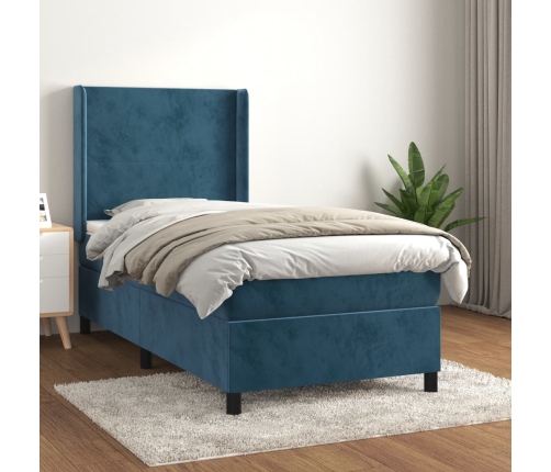 Cama box spring con colchón terciopelo azul oscuro 100x200 cm