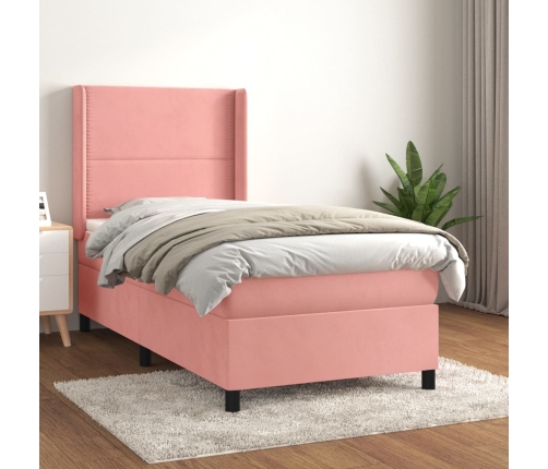 Cama box spring con colchón terciopelo rosa 100x200 cm