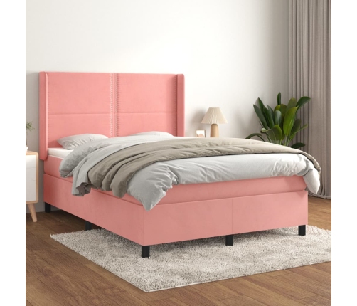 Cama box spring con colchón terciopelo rosa 140x200 cm