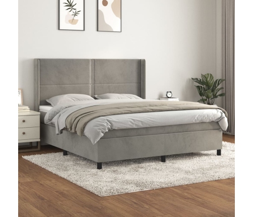 Cama box spring con colchón terciopelo gris claro 160x200 cm