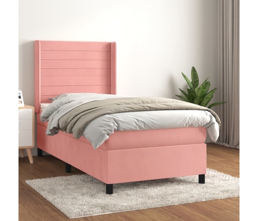 Cama box spring con colchón terciopelo rosa 90x190 cm