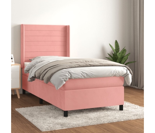 Cama box spring con colchón terciopelo rosa 90x200 cm