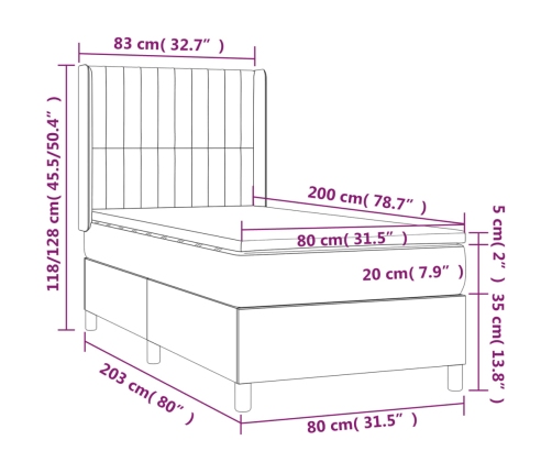 Cama box spring con colchón terciopelo gris claro 80x200 cm