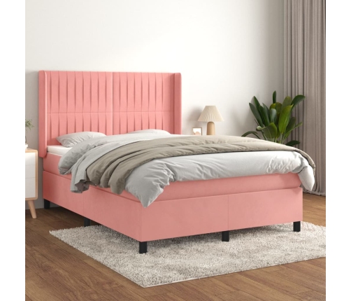 Cama box spring con colchón terciopelo rosa 140x200 cm