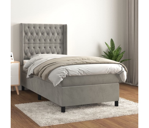 Cama box spring con colchón terciopelo gris claro 90x190 cm