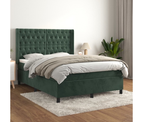 Cama box spring con colchón terciopelo verde oscuro 140x190 cm