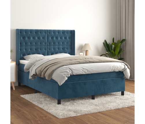 Cama box spring con colchón terciopelo azul oscuro 140x190 cm