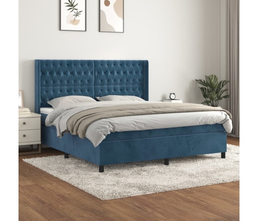 Cama box spring con colchón terciopelo azul oscuro 180x200 cm