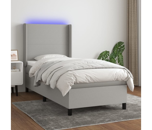 Cama box spring colchón y luces LED tela gris claro 80x200 cm