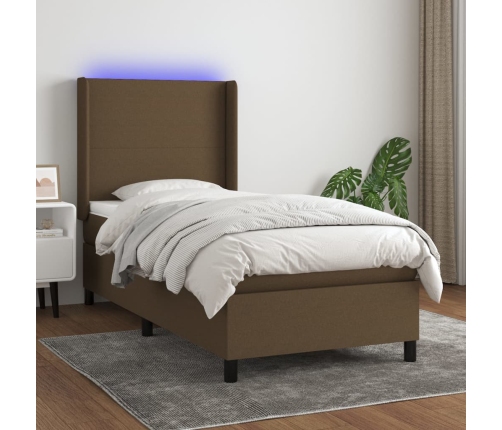 Cama box spring colchón y luces LED tela marrón oscuro 80x200cm