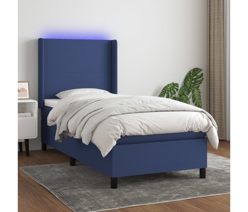 Cama box spring colchón y luces LED tela azul 80x200 cm