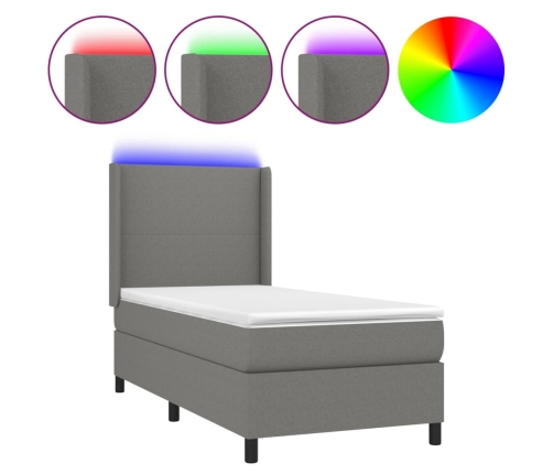 Cama box spring colchón y luces LED tela gris oscuro 90x190 cm