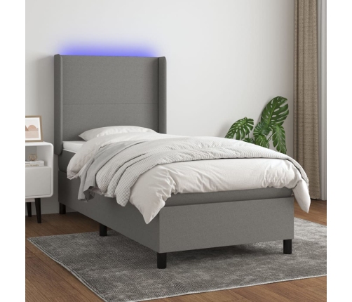 Cama box spring colchón y luces LED tela gris oscuro 90x190 cm