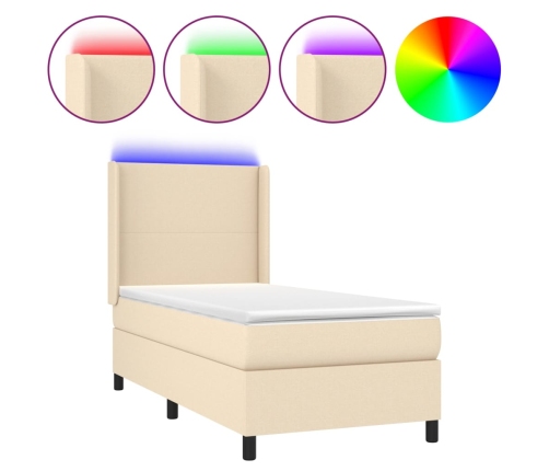 Cama box spring colchón y luces LED tela color crema 90x190 cm