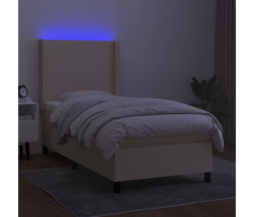 Cama box spring colchón y luces LED tela color crema 90x190 cm