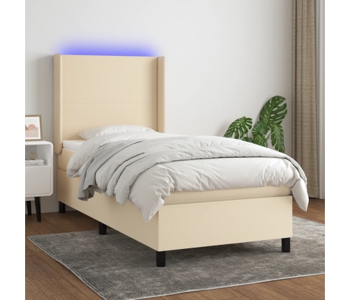 Cama box spring colchón y luces LED tela color crema 90x190 cm