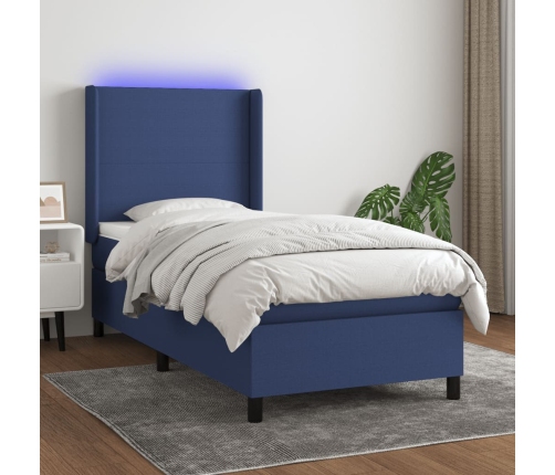 Cama box spring colchón y luces LED tela azul 90x190 cm