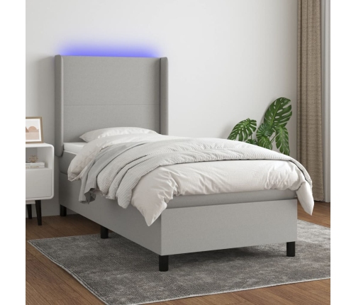 Cama box spring colchón y luces LED tela gris claro 90x200 cm