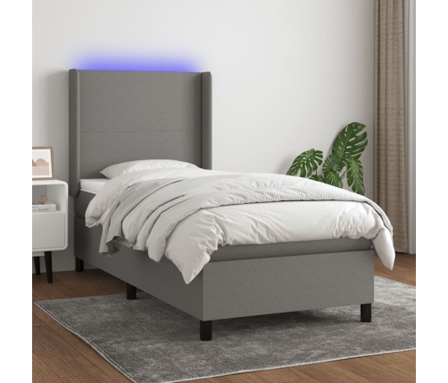 Cama box spring colchón y luces LED tela gris oscuro 90x200 cm