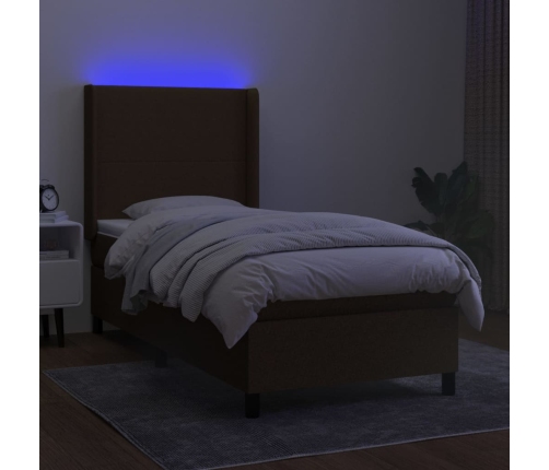 Cama box spring colchón y luces LED tela marrón oscuro 90x200cm