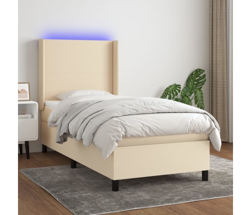 Cama box spring colchón y luces LED tela crema 90x200 cm